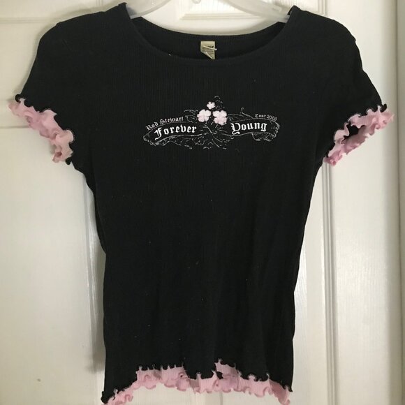 Rod Stewart Women's Black with Pink Ruffle Trim "Forever Young" T-Shirt Size S - Picture 1 of 1